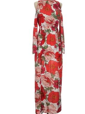 Forever 21 Red and Pink Floral Cold-Shoulder Maxi Dress